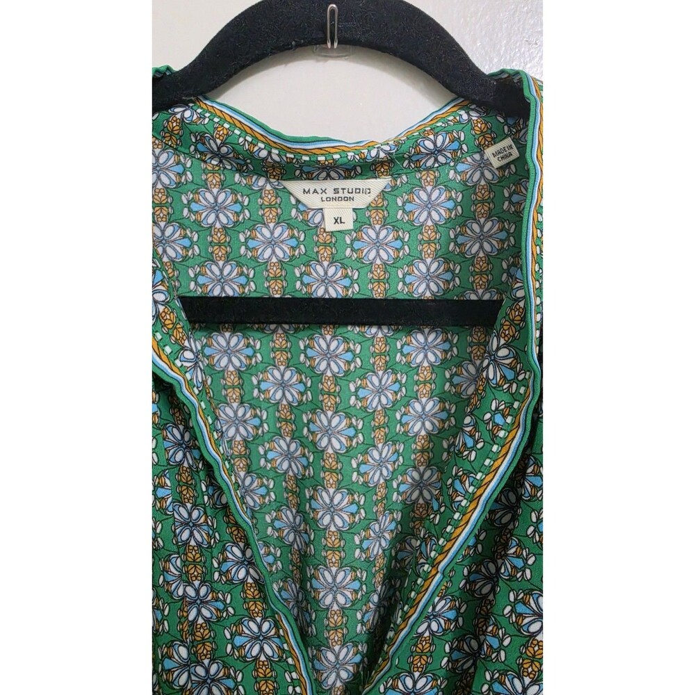 Max Studio Green Floral V-Neck Puff Short Sleeve Midi Milkmaid Boho Dress XL - Picture 4 of 16